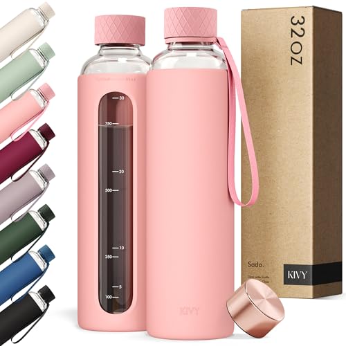 KIVY Glass Water Bottle with Silicone Sleeve 32 oz - with Measurement