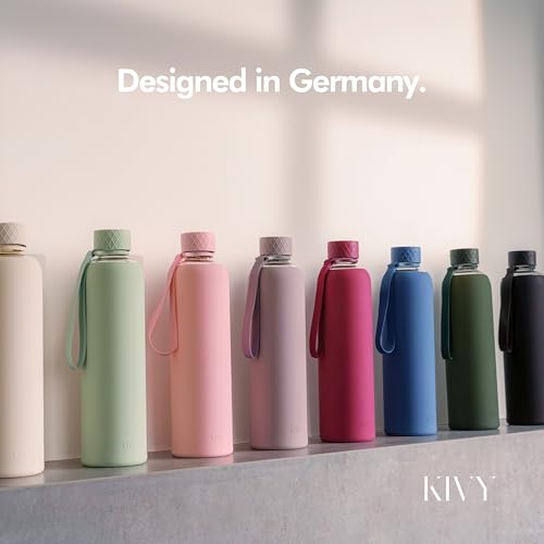 KIVY Glass Water Bottle with Silicone Sleeve 32 oz - with Measurement
