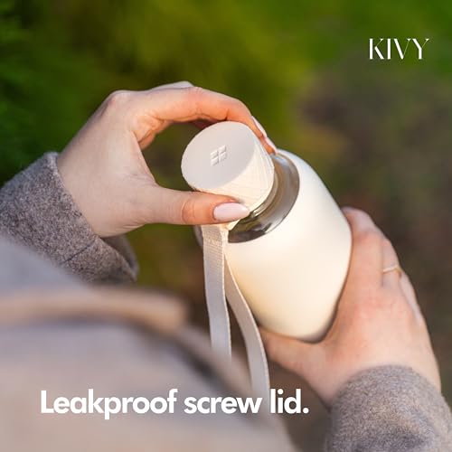 KIVY Glass Water Bottle with Silicone Sleeve 32 oz - with Measurement