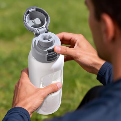 MUKOKO 32oz Glass Water Bottle with Straw, 2 Lids-Staw Lid and Screw Handle Lid, 1 Liter Reusable Drinking Bottle with Time Marker for Sports and Home, White