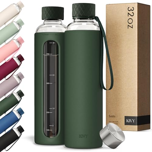 KIVY Glass Water Bottle with Silicone Sleeve 32 oz - with Measurement