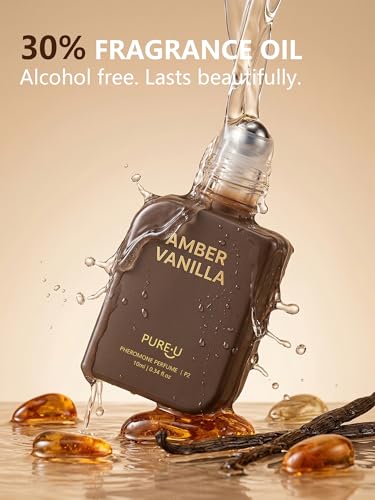 PUREU Amber Vanilla Pheromone Perfume Oil for Women, Long Lasting Extrait de Parfum Roll On with Clip-on Keychain, Alcohol Free Portable Travel Size Fragrance for Date Night & On-the-Go, 0.34 Fl OZ