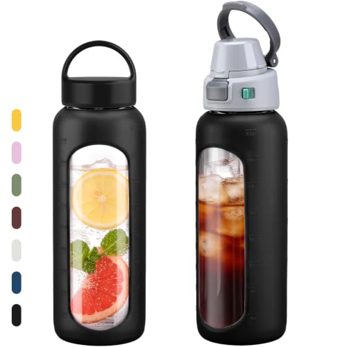 MUKOKO 32oz Glass Water Bottle with Straw, 2 Lids-Staw Lid and Screw Handle Lid, 1 Liter Reusable Drinking Bottle with Time Marker for Sports and Home, Black