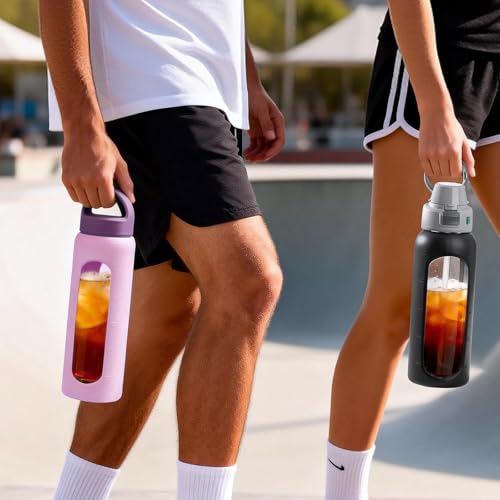MUKOKO 32oz Glass Water Bottle with Straw, 2 Lids-Staw Lid and Screw Handle Lid, 1 Liter Reusable Drinking Bottle with Time Marker for Sports and Home, Black