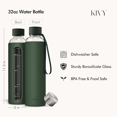 KIVY Glass Water Bottle with Silicone Sleeve 32 oz - with Measurement