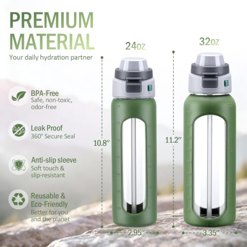 MUKOKO 32oz Glass Water Bottle with Straw, 2 Lids-Staw Lid and Screw Handle Lid, 1 Liter Reusable Drinking Bottle with Time Marker for Sports and Home, Olive