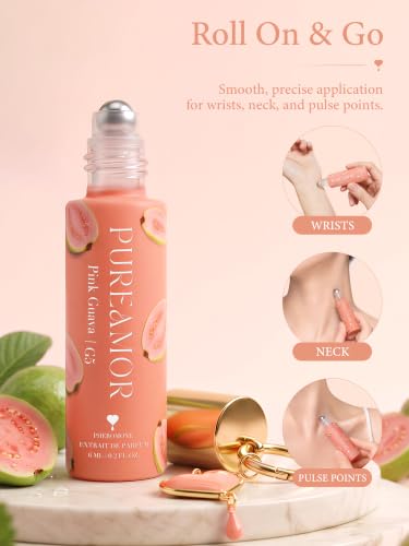 PUREAMOR Pink Guava Perfume Oil for Women, Pheromone Infused Roll-On Fragrance, 30% Extrait de Parfum, Long Lasting Tropical Guava Scent, Travel Size Keychain, 0.2oz / 6ml