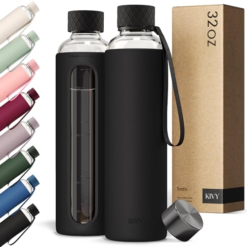 KIVY Glass Water Bottle with Silicone Sleeve 32 oz - with Measurement