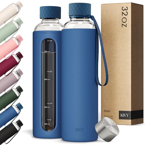 KIVY Glass Water Bottle with Silicone Sleeve 32 oz - with Measurement