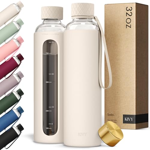 KIVY Glass Water Bottle with Silicone Sleeve 32 oz - with Measurement