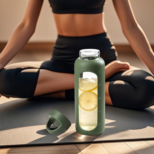 MUKOKO 32oz Glass Water Bottle with Straw, 2 Lids-Staw Lid and Screw Handle Lid, 1 Liter Reusable Drinking Bottle with Time Marker for Sports and Home, Olive