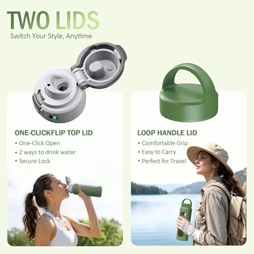 MUKOKO 32oz Glass Water Bottle with Straw, 2 Lids-Staw Lid and Screw Handle Lid, 1 Liter Reusable Drinking Bottle with Time Marker for Sports and Home, Olive