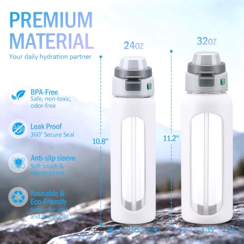 MUKOKO 32oz Glass Water Bottle with Straw, 2 Lids-Staw Lid and Screw Handle Lid, 1 Liter Reusable Drinking Bottle with Time Marker for Sports and Home, White