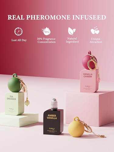 PUREU Amber Vanilla Pheromone Perfume Oil for Women, Long Lasting Extrait de Parfum Roll On with Clip-on Keychain, Alcohol Free Portable Travel Size Fragrance for Date Night & On-the-Go, 0.34 Fl OZ