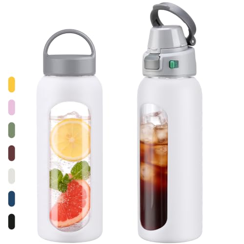 MUKOKO 32oz Glass Water Bottle with Straw, 2 Lids-Staw Lid and Screw Handle Lid, 1 Liter Reusable Drinking Bottle with Time Marker for Sports and Home, White