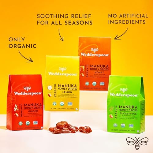 Wedderspoon Organic Manuka Honey Drops, Lemon & Bee Propolis, 20 Count