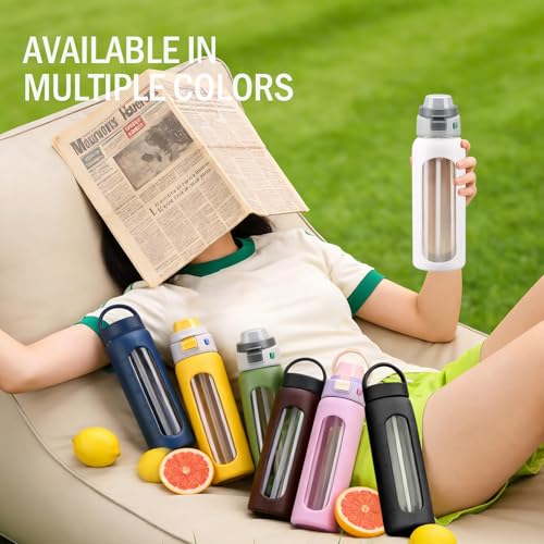 MUKOKO 32oz Glass Water Bottle with Straw, 2 Lids-Staw Lid and Screw Handle Lid, 1 Liter Reusable Drinking Bottle with Time Marker for Sports and Home, Olive