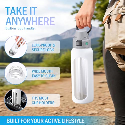 MUKOKO 32oz Glass Water Bottle with Straw, 2 Lids-Staw Lid and Screw Handle Lid, 1 Liter Reusable Drinking Bottle with Time Marker for Sports and Home, White