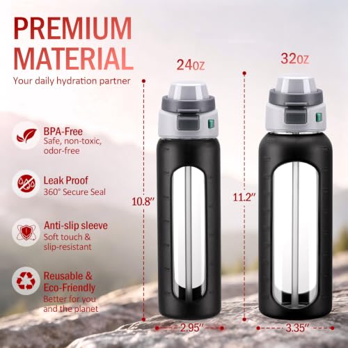 MUKOKO 32oz Glass Water Bottle with Straw, 2 Lids-Staw Lid and Screw Handle Lid, 1 Liter Reusable Drinking Bottle with Time Marker for Sports and Home, Black