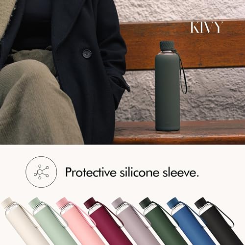 KIVY Glass Water Bottle with Silicone Sleeve 32 oz - with Measurement