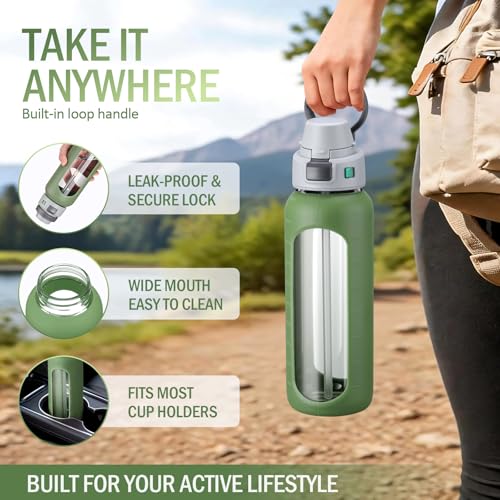 MUKOKO 32oz Glass Water Bottle with Straw, 2 Lids-Staw Lid and Screw Handle Lid, 1 Liter Reusable Drinking Bottle with Time Marker for Sports and Home, Olive