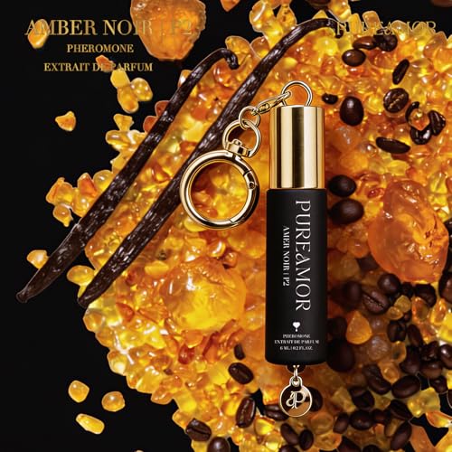 PUREAMOR Pheromone Perfume for Women, Amber Noir Keychain Perfume – Bold Gourmand Scent with Coffee, Amber & Vanilla, 30% High Concentration, Long Lasting Extrait de Parfum Roll-On, 0.2 oz / 6 ml