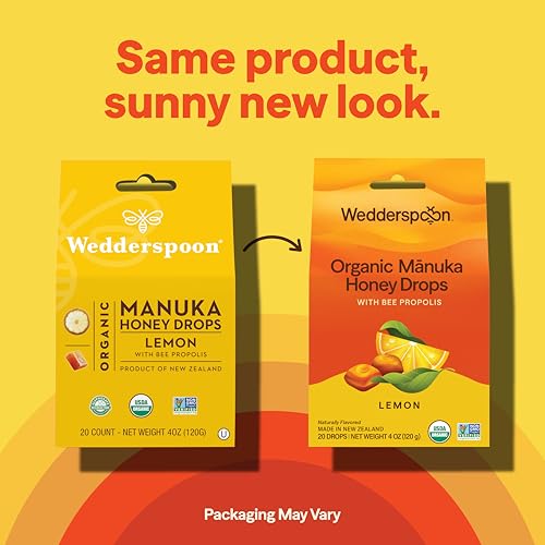 Wedderspoon Organic Manuka Honey Drops, Lemon & Bee Propolis, 20 Count