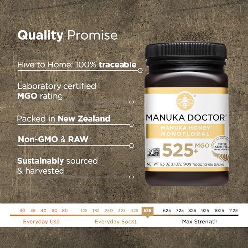 Manuka Doctor - Raw Manuka Honey MGO 525+ Monofloral, 100% Pure New Zealand Honey. Certified. Guaranteed. Raw. Non-GMO (17.6 oz)