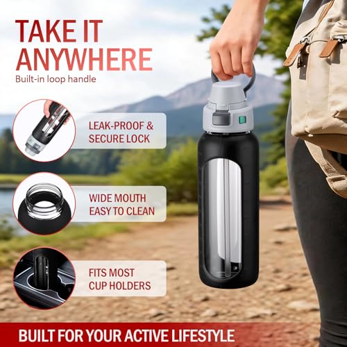 MUKOKO 32oz Glass Water Bottle with Straw, 2 Lids-Staw Lid and Screw Handle Lid, 1 Liter Reusable Drinking Bottle with Time Marker for Sports and Home, Black