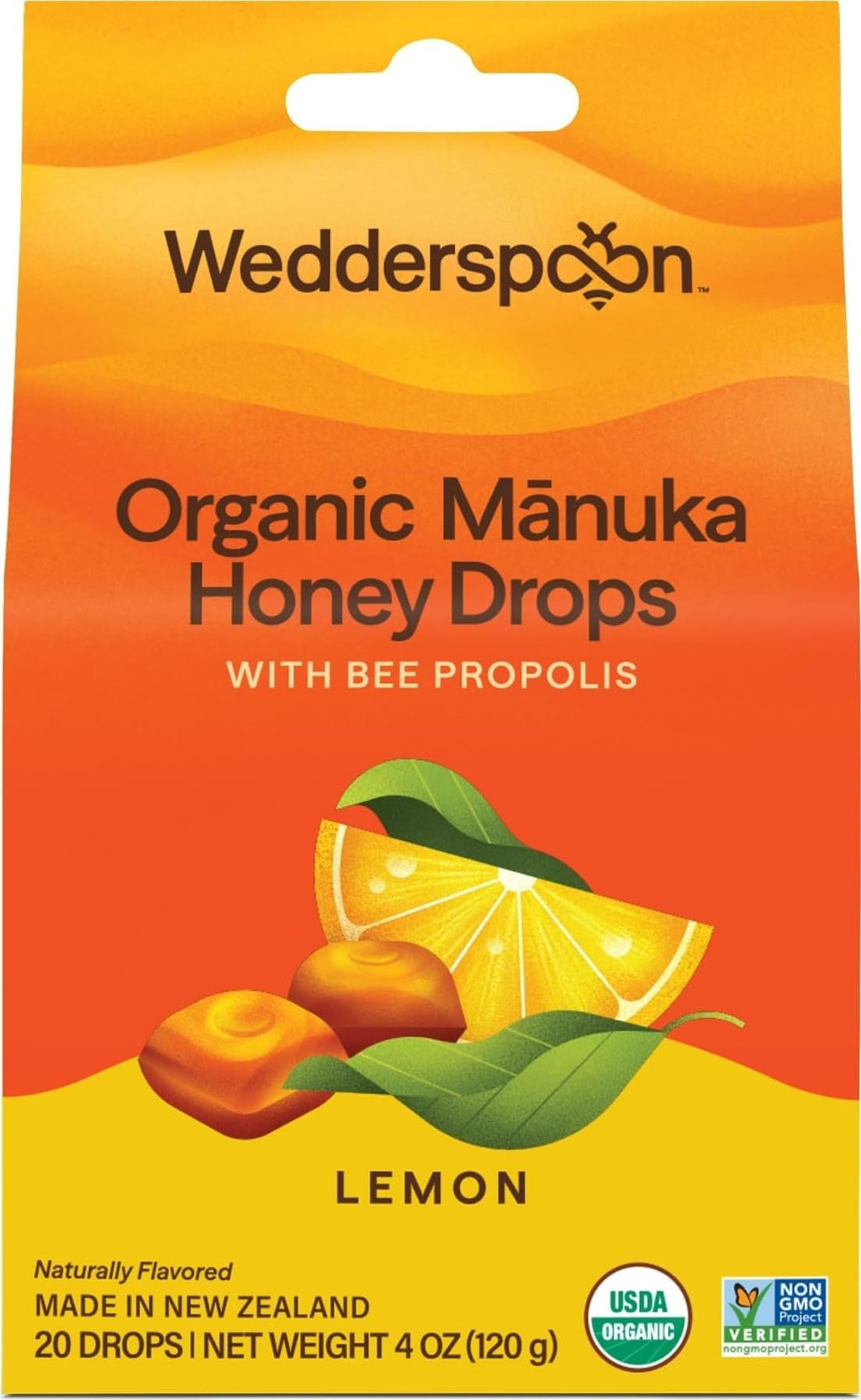 Wedderspoon Organic Manuka Honey Drops, Lemon & Bee Propolis, 20 Count