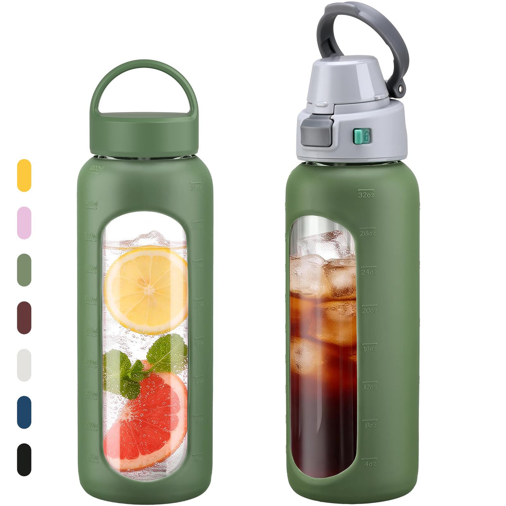 MUKOKO 32oz Glass Water Bottle with Straw, 2 Lids-Staw Lid and Screw Handle Lid, 1 Liter Reusable Drinking Bottle with Time Marker for Sports and Home, Olive