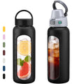 MUKOKO 32oz Glass Water Bottle with Straw, 2 Lids-Staw Lid and Screw Handle Lid, 1 Liter Reusable Drinking Bottle with Time Marker for Sports and Home, Black