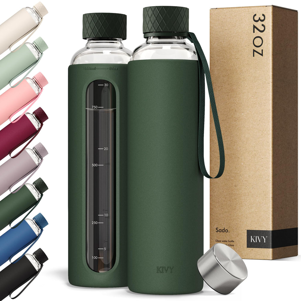 KIVY Glass Water Bottle with Silicone Sleeve 32 oz - with Measurement