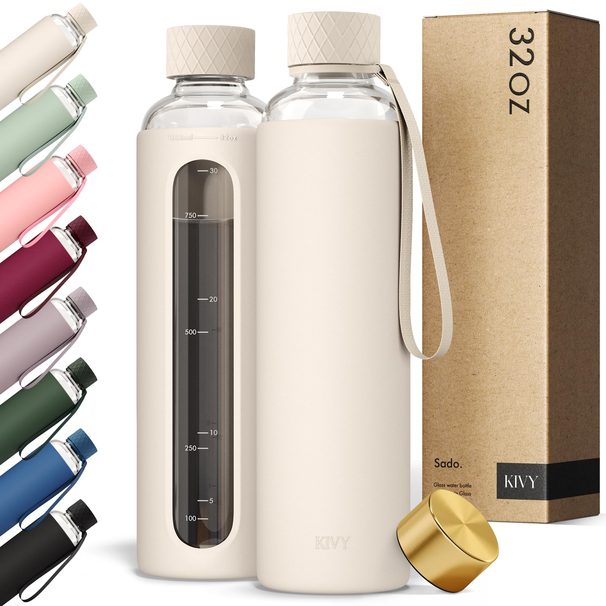 KIVY Glass Water Bottle with Silicone Sleeve 32 oz - with Measurement
