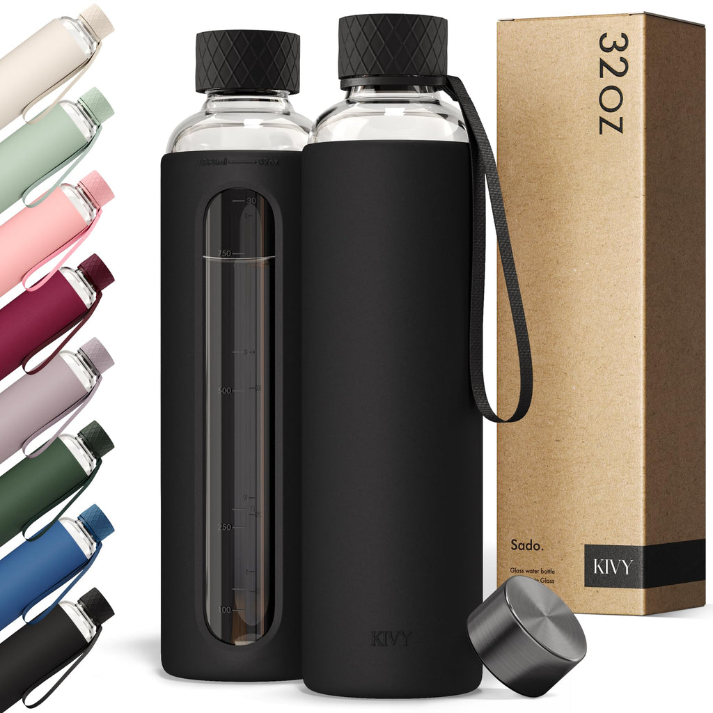 KIVY Glass Water Bottle with Silicone Sleeve 32 oz - with Measurement